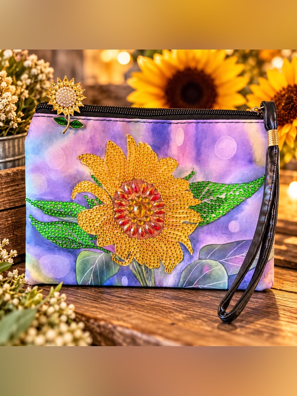 Handcrafted Rhinestone Sunflower Wristlet Wallet + Brooch 🌻✨
